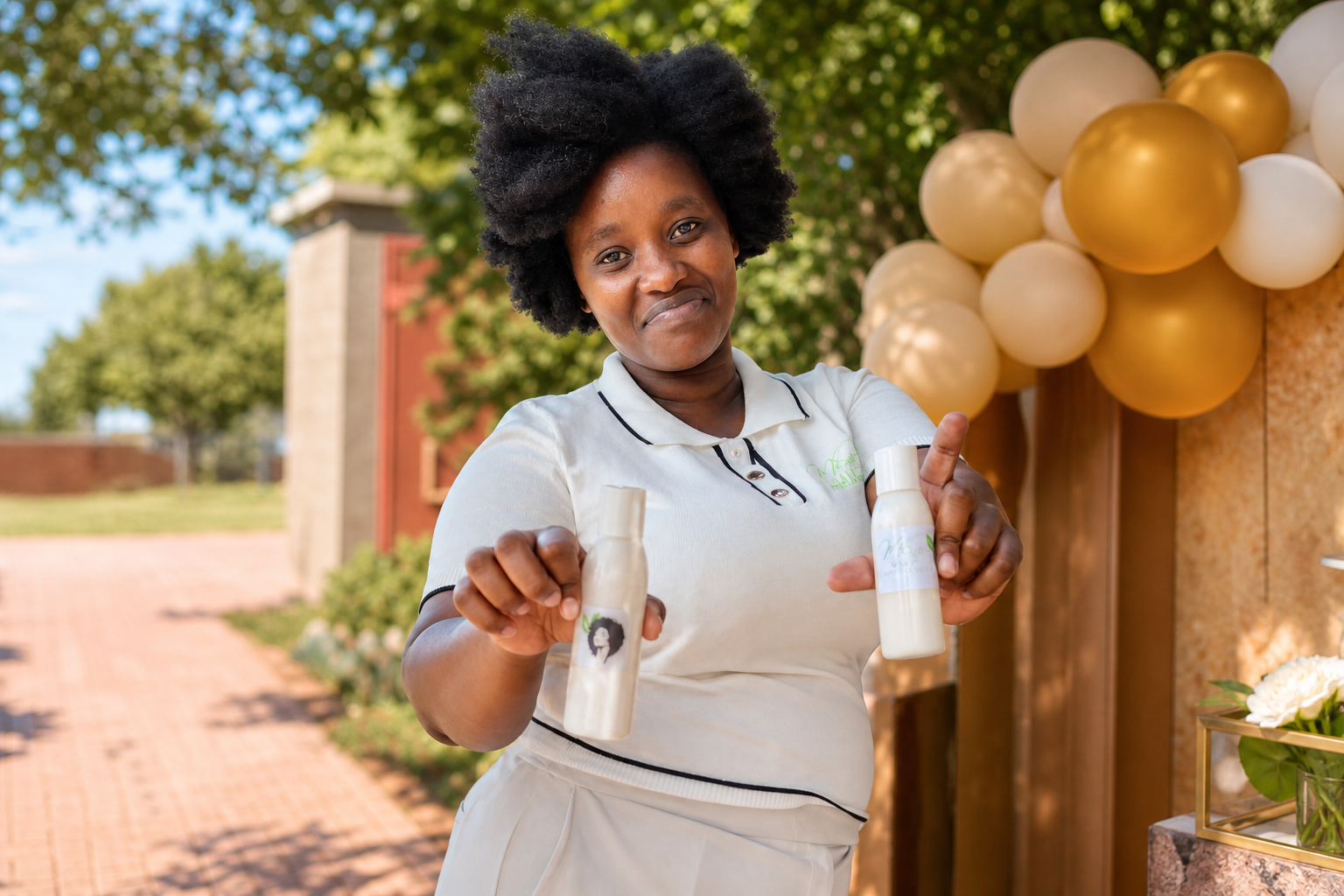Mosadi Ke Bontle founder presenting hair moisturizer products